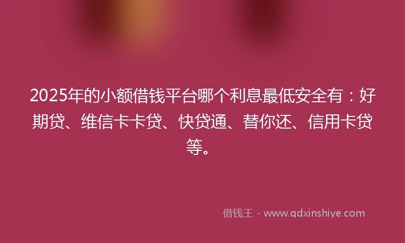 2025年的小额借钱平台哪个利息最低安全有：好期贷、维信卡卡贷、快贷通、替你还、信用卡贷等。