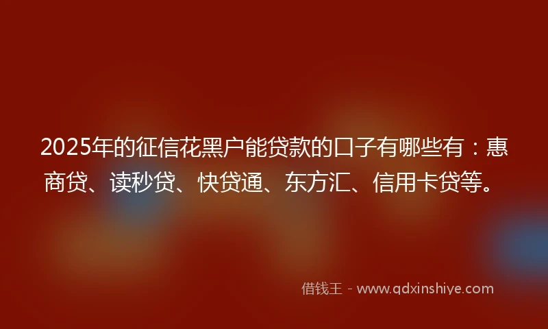 2025年的征信花黑户能贷款的口子有哪些有：惠商贷、读秒贷、快贷通、东方汇、信用卡贷等。