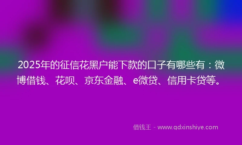 2025年的征信花黑户能下款的口子有哪些有：微博借钱、花呗、京东金融、e微贷、信用卡贷等。
