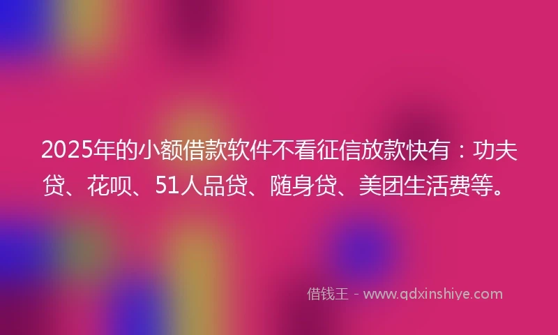 2025年的小额借款软件不看征信放款快有：功夫贷、花呗、51人品贷、随身贷、美团生活费等。