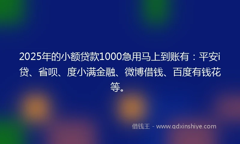 2025年的小额贷款1000急用马上到账有：平安i贷、省呗、度小满金融、微博借钱、百度有钱花等。