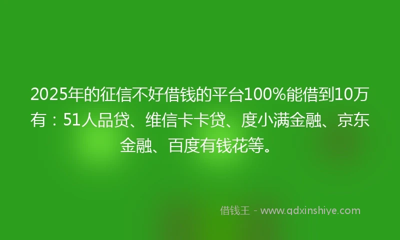 2025年的征信不好借钱的平台100%能借到10万有：51人品贷、维信卡卡贷、度小满金融、京东金融、百度有钱花等。