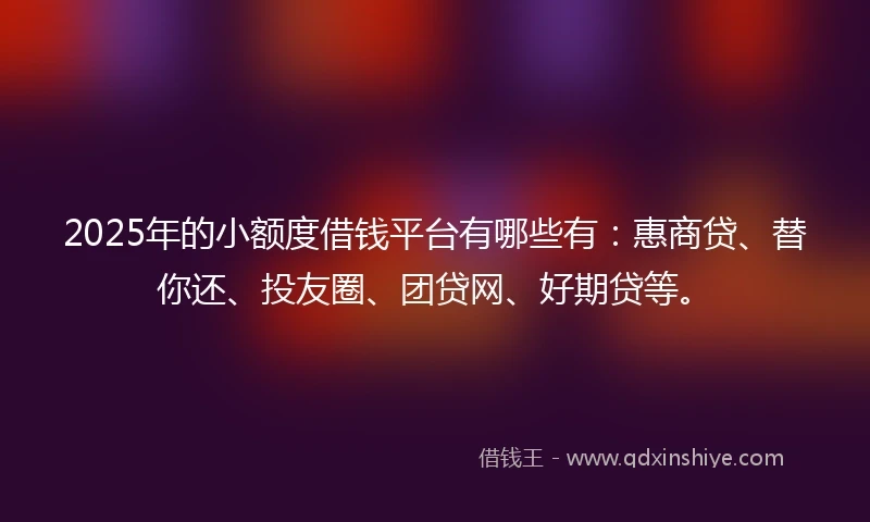 2025年的小额度借钱平台有哪些有：惠商贷、替你还、投友圈、团贷网、好期贷等。