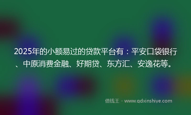 2025年的小额易过的贷款平台有:平安口袋银行、中原消费金融、好期贷、东方汇、安逸花等。