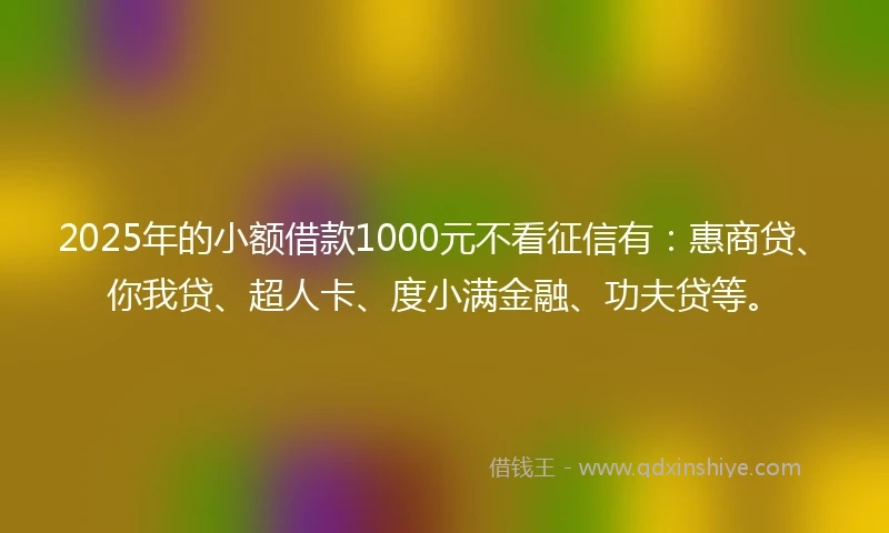 2025年的小额借款1000元不看征信有：惠商贷、你我贷、超人卡、度小满金融、功夫贷等。