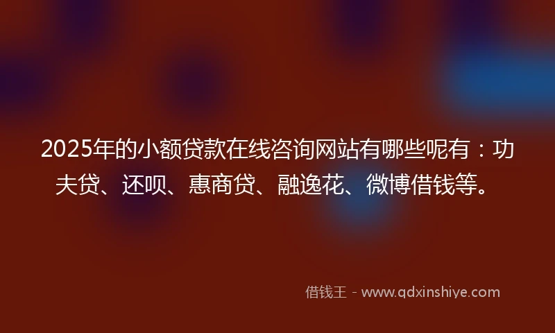 2025年的小额贷款在线咨询网站有哪些呢有:功夫贷、还呗、惠商贷、融逸花、微博借钱等。