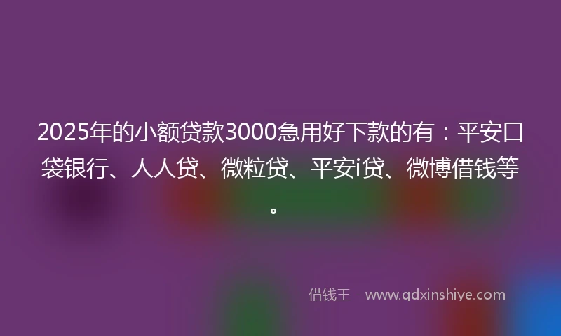 2025年的小额贷款3000急用好下款的有：平安口袋银行、人人贷、微粒贷、平安i贷、微博借钱等。