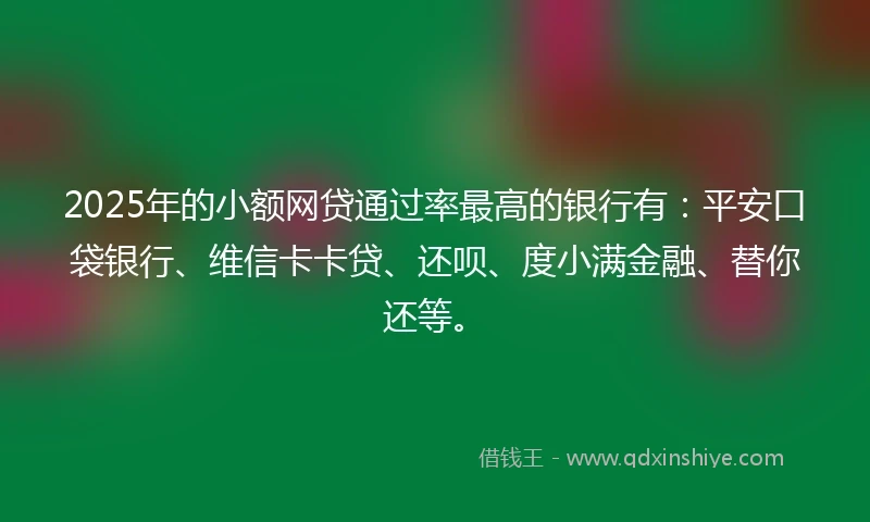 2025年的小额网贷通过率最高的银行有：平安口袋银行、维信卡卡贷、还呗、度小满金融、替你还等。