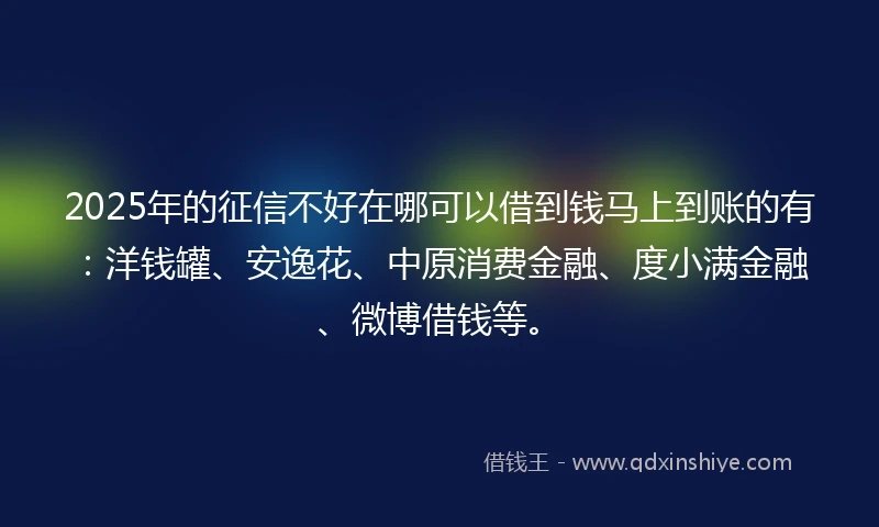2025年的征信不好在哪可以借到钱马上到账的有：洋钱罐、安逸花、中原消费金融、度小满金融、微博借钱等。