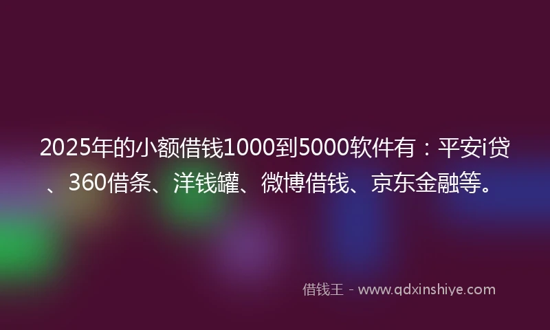 2025年的小额借钱1000到5000软件有：平安i贷、360借条、洋钱罐、微博借钱、京东金融等。