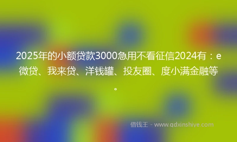 2025年的小额贷款3000急用不看征信2024有：e微贷、我来贷、洋钱罐、投友圈、度小满金融等。