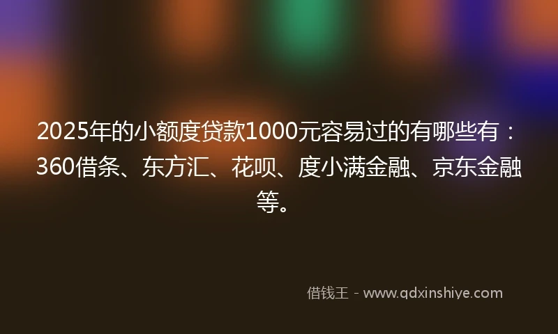 2025年的小额度贷款1000元容易过的有哪些有：360借条、东方汇、花呗、度小满金融、京东金融等。