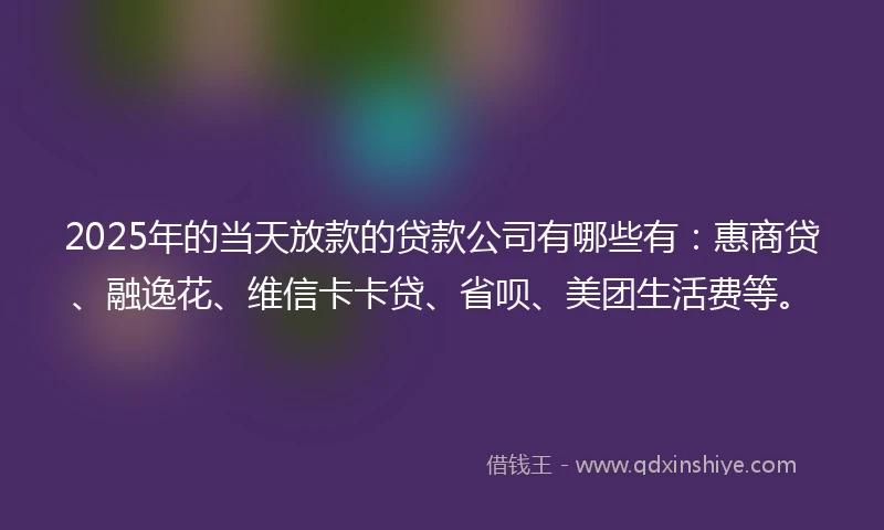 2025年的当天放款的贷款公司有哪些有：惠商贷、融逸花、维信卡卡贷、省呗、美团生活费等。