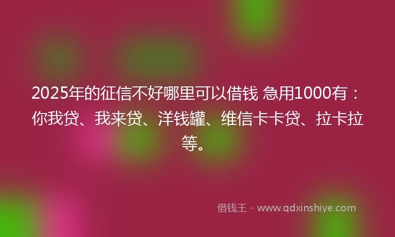 2025年的征信不好哪里可以借钱 急用1000有:你我贷、我来贷、洋钱罐、维信卡卡贷、拉卡拉等。