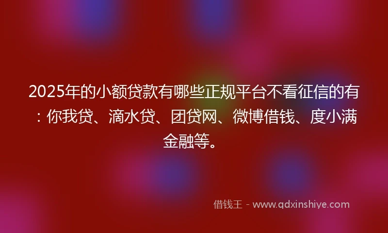 2025年的小额贷款有哪些正规平台不看征信的有：你我贷、滴水贷、团贷网、微博借钱、度小满金融等。