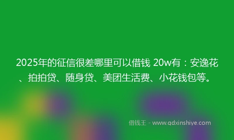 2025年的征信很差哪里可以借钱 20w有：安逸花、拍拍贷、随身贷、美团生活费、小花钱包等。