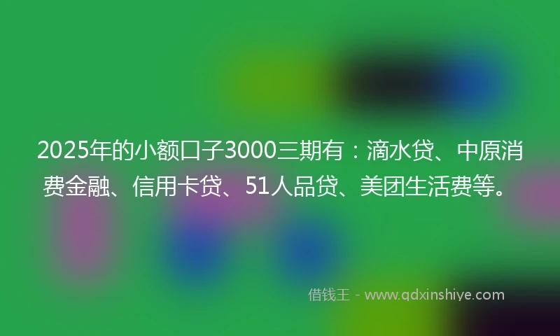 2025年的小额口子3000三期有：滴水贷、中原消费金融、信用卡贷、51人品贷、美团生活费等。