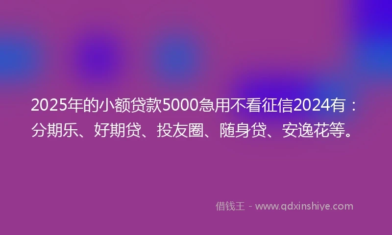 2025年的小额贷款5000急用不看征信2024有：分期乐、好期贷、投友圈、随身贷、安逸花等。