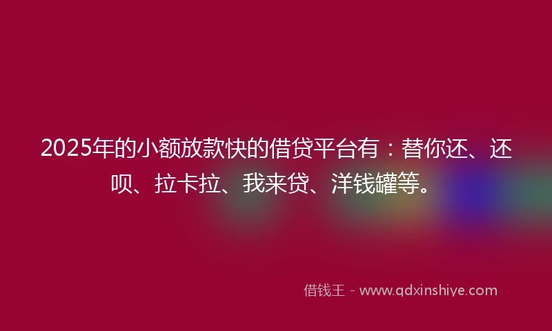 2025年的小额放款快的借贷平台有：替你还、还呗、拉卡拉、我来贷、洋钱罐等。