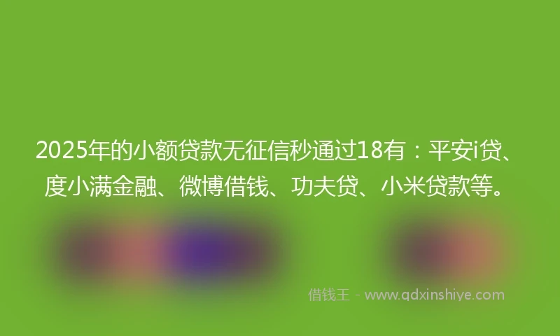 2025年的小额贷款无征信秒通过18有：平安i贷、度小满金融、微博借钱、功夫贷、小米贷款等。