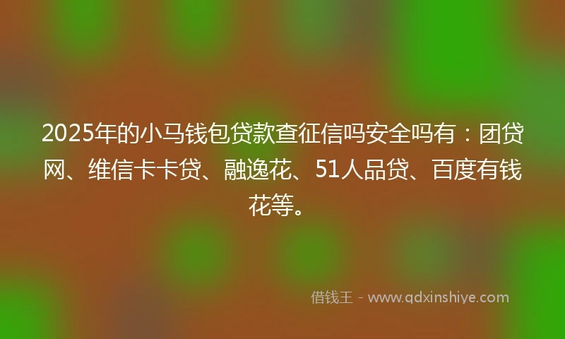 2025年的小马钱包贷款查征信吗安全吗有：团贷网、维信卡卡贷、融逸花、51人品贷、百度有钱花等。