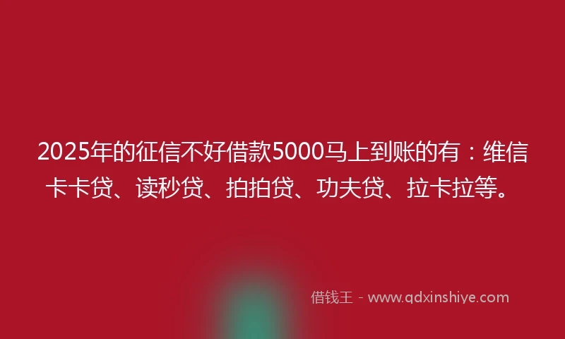 2025年的征信不好借款5000马上到账的有：维信卡卡贷、读秒贷、拍拍贷、功夫贷、拉卡拉等。