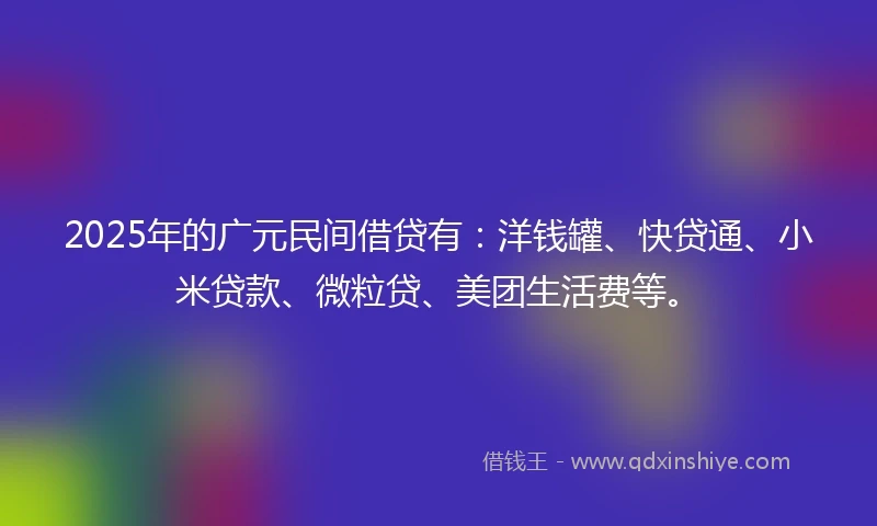 2025年的广元民间借贷有：洋钱罐、快贷通、小米贷款、微粒贷、美团生活费等。