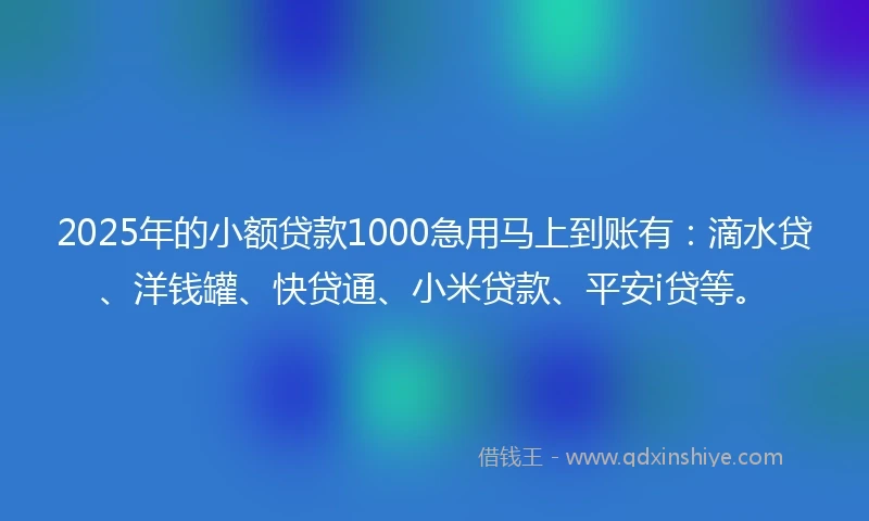 2025年的小额贷款1000急用马上到账有：滴水贷、洋钱罐、快贷通、小米贷款、平安i贷等。