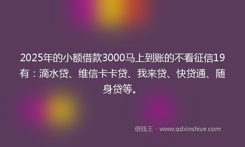 2025年的小额借款3000马上到账的不看征信19有：滴水贷、维信卡卡贷、我来贷、快贷通、随身贷等。