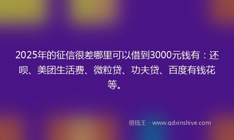 2025年的征信很差哪里可以借到3000元钱有：还呗、美团生活费、微粒贷、功夫贷、百度有钱花等。