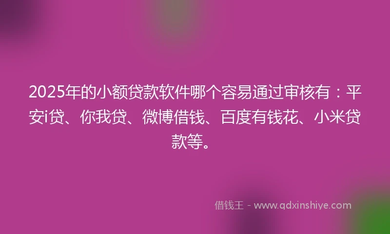 2025年的小额贷款软件哪个容易通过审核有：平安i贷、你我贷、微博借钱、百度有钱花、小米贷款等。