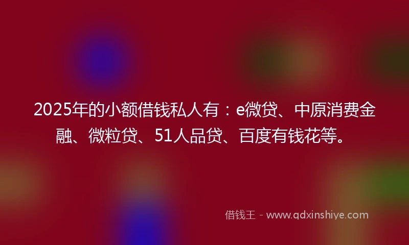 2025年的小额借钱私人有：e微贷、中原消费金融、微粒贷、51人品贷、百度有钱花等。