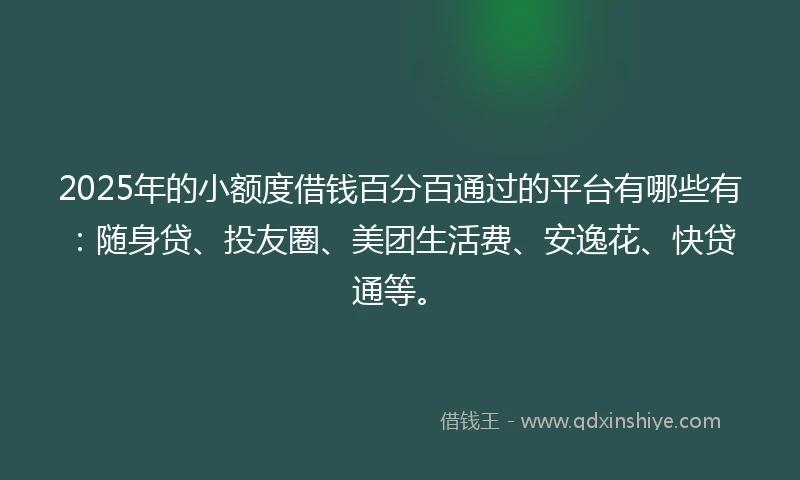 2025年的小额度借钱百分百通过的平台有哪些有：随身贷、投友圈、美团生活费、安逸花、快贷通等。