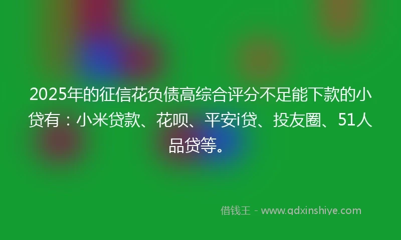 2025年的征信花负债高综合评分不足能下款的小贷有：小米贷款、花呗、平安i贷、投友圈、51人品贷等。