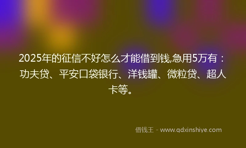 2025年的征信不好怎么才能借到钱,急用5万有：功夫贷、平安口袋银行、洋钱罐、微粒贷、超人卡等。