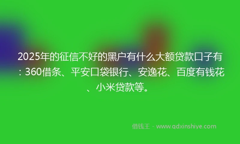 2025年的征信不好的黑户有什么大额贷款口子有：360借条、平安口袋银行、安逸花、百度有钱花、小米贷款等。