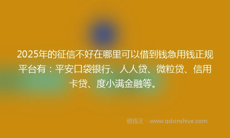 2025年的征信不好在哪里可以借到钱急用钱正规平台有：平安口袋银行、人人贷、微粒贷、信用卡贷、度小满金融等。