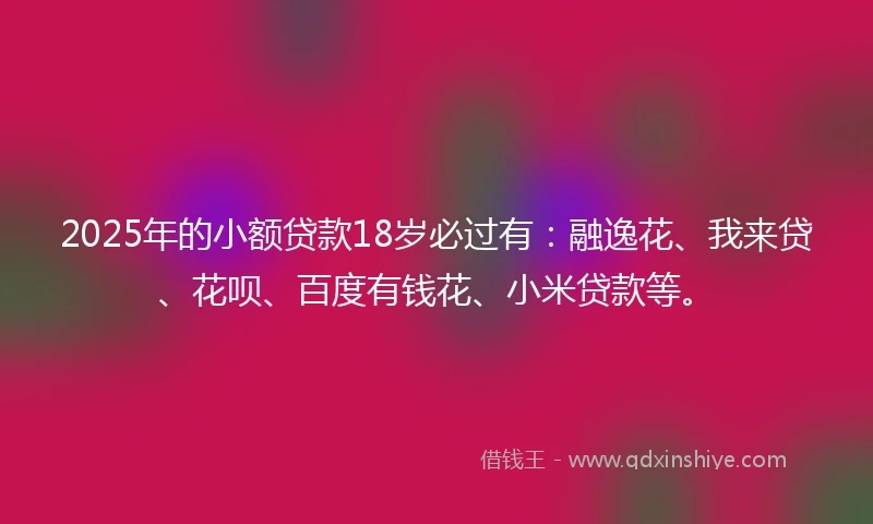 2025年的小额贷款18岁必过有：融逸花、我来贷、花呗、百度有钱花、小米贷款等。