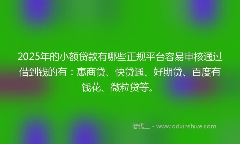 2025年的小额贷款有哪些正规平台容易审核通过借到钱的有：惠商贷、快贷通、好期贷、百度有钱花、微粒贷等。