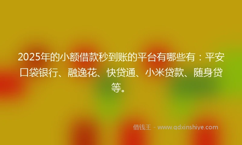 2025年的小额借款秒到账的平台有哪些有：平安口袋银行、融逸花、快贷通、小米贷款、随身贷等。