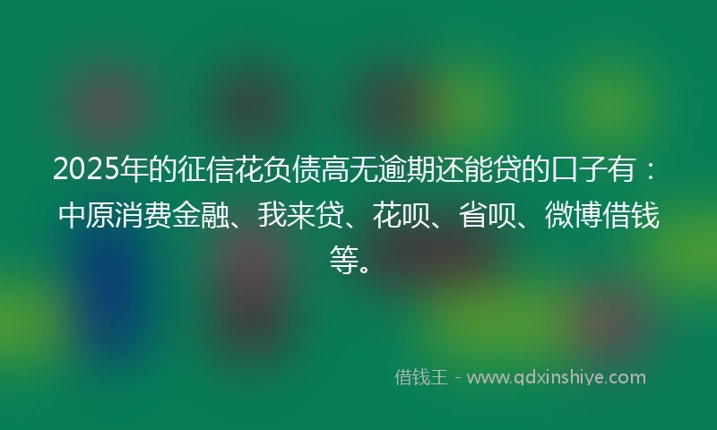 2025年的征信花负债高无逾期还能贷的口子有：中原消费金融、我来贷、花呗、省呗、微博借钱等。