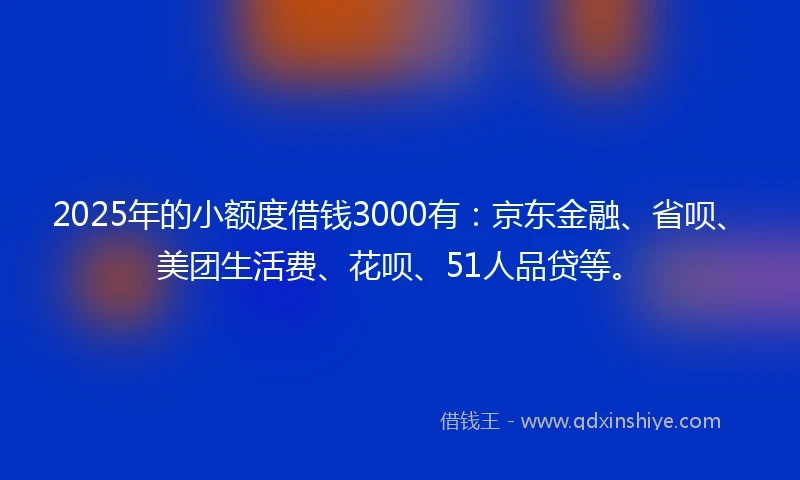 2025年的小额度借钱3000有：京东金融、省呗、美团生活费、花呗、51人品贷等。