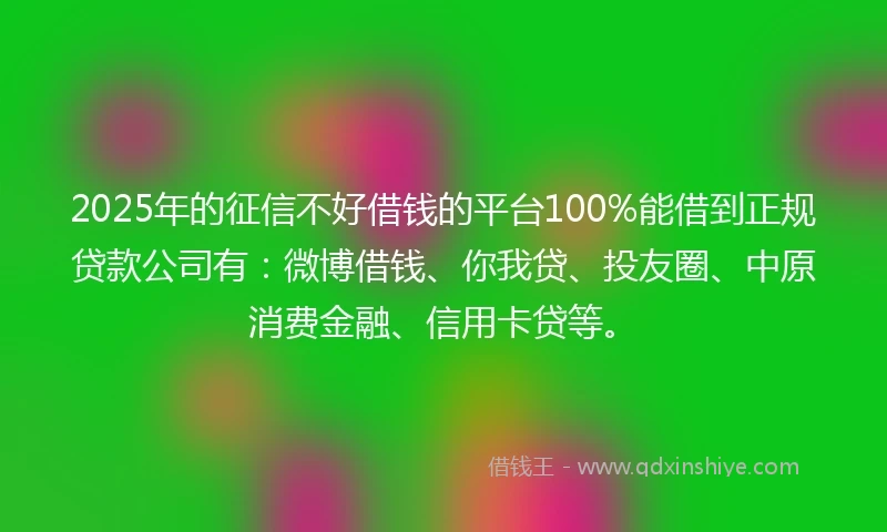 2025年的征信不好借钱的平台100%能借到正规贷款公司有：微博借钱、你我贷、投友圈、中原消费金融、信用卡贷等。