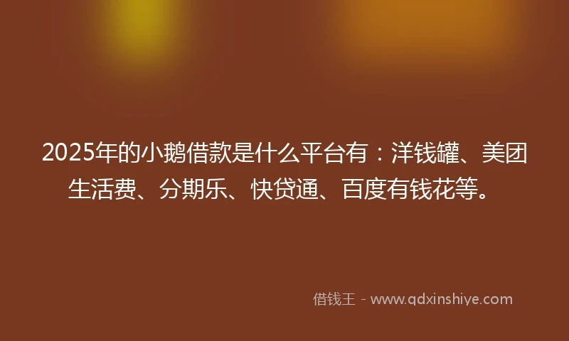 2025年的小鹅借款是什么平台有：洋钱罐、美团生活费、分期乐、快贷通、百度有钱花等。
