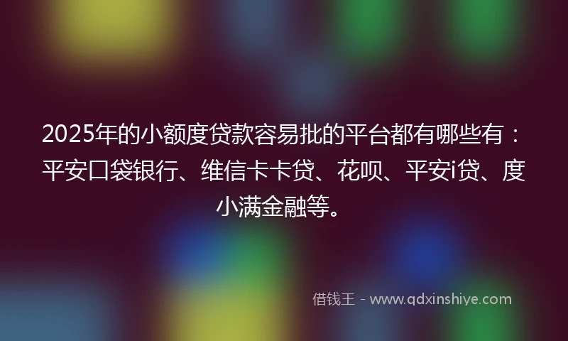 2025年的小额度贷款容易批的平台都有哪些有：平安口袋银行、维信卡卡贷、花呗、平安i贷、度小满金融等。