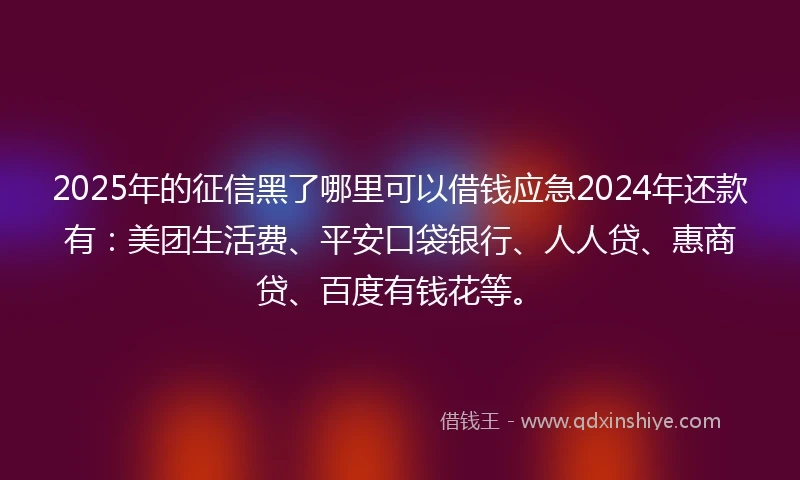 2025年的征信黑了哪里可以借钱应急2024年还款有：美团生活费、平安口袋银行、人人贷、惠商贷、百度有钱花等。