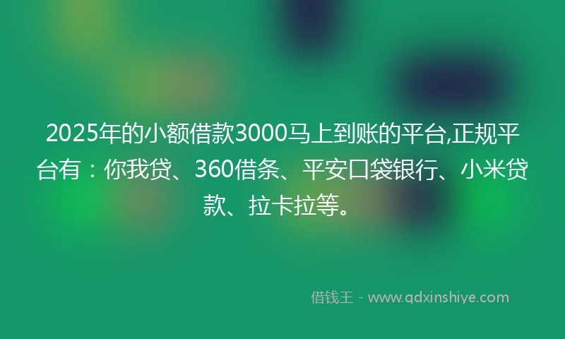 2025年的小额借款3000马上到账的平台,正规平台有：你我贷、360借条、平安口袋银行、小米贷款、拉卡拉等。