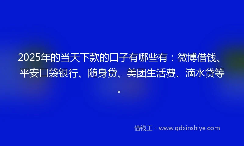 2025年的当天下款的口子有哪些有：微博借钱、平安口袋银行、随身贷、美团生活费、滴水贷等。