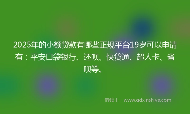 2025年的小额贷款有哪些正规平台19岁可以申请有:平安口袋银行、还呗、快贷通、超人卡、省呗等。