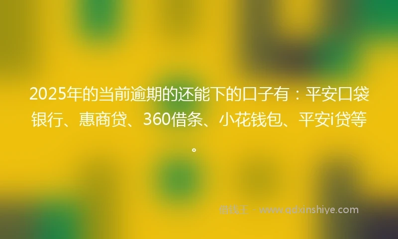 2025年的当前逾期的还能下的口子有：平安口袋银行、惠商贷、360借条、小花钱包、平安i贷等。